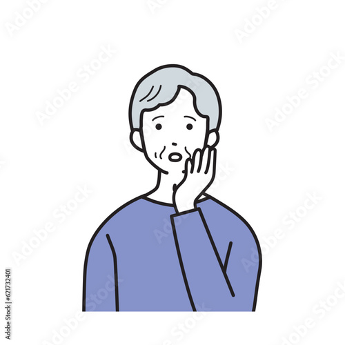 頬に手を当てるシニア女性にシンプルなイラスト

