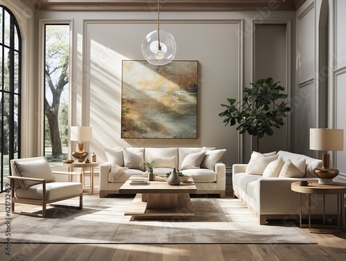 This minimalistic, scandinavian-inspired living room creates a sense of serenity with its white furniture and calming artwork