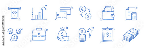 Money cash, coin business doodle icon set. Dollar coin, money profit doodle line sketch business inflation, cash payment. Financial profit, growth icon. Outline editable stroke. Vector illustration