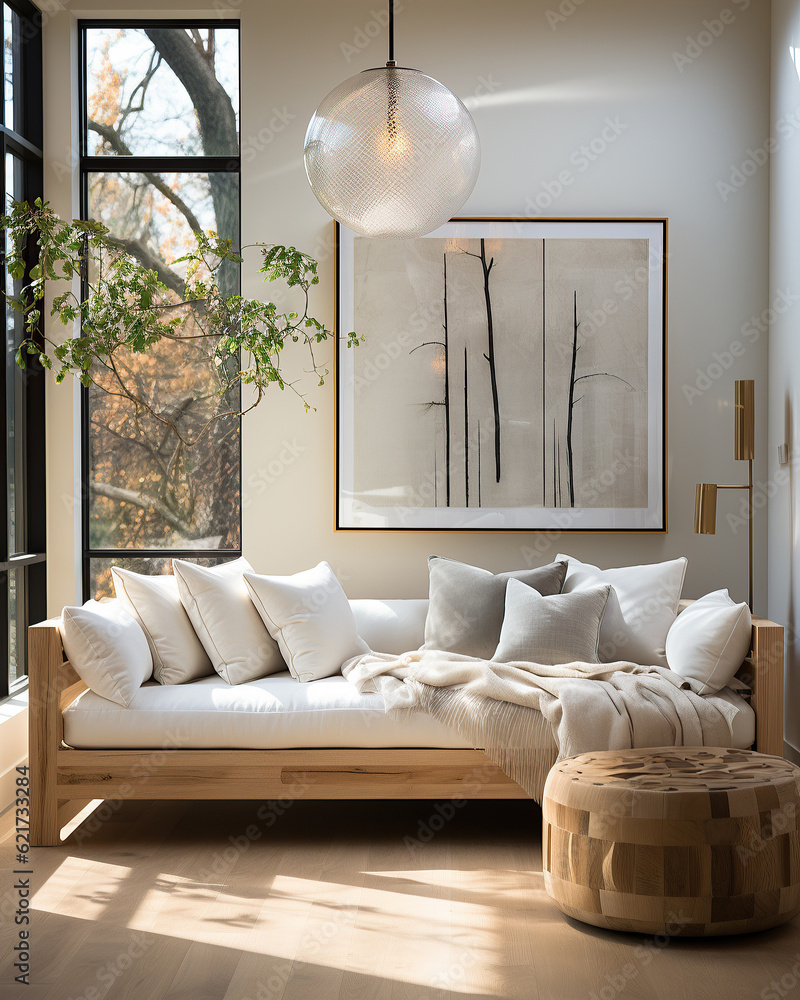 This minimalistic, scandinavian-inspired interior design features a cozy couch nestled in a bright and inviting room, inviting relaxation and comfort - obrazy, fototapety, plakaty 
