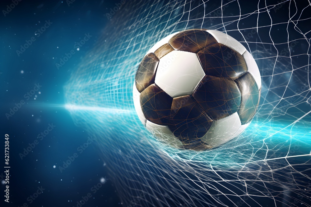 Fototapeta premium Soccer ball in goal net on bright blue background. Soccer ball flew into the goal. Football ball bends the net, against the background of flashes of light. Moment of delight. Generative AI Technology
