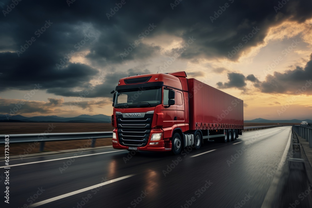Container Truck on Highway. Generative AI Image Container Truck on Highway. Generative AI Image