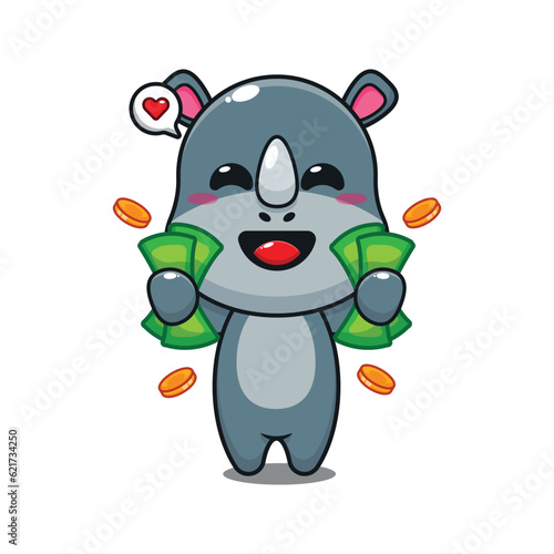 Fototapeta Naklejka Na Ścianę i Meble -  cute rhino holding money cartoon vector illustration.