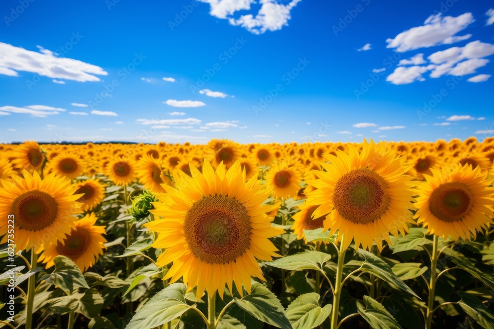 Obraz premium Fields Of Sunflowers Under Clear Sky, Generative AI 