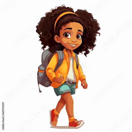 simple cartoon clipart black african american girl student child going to school white background