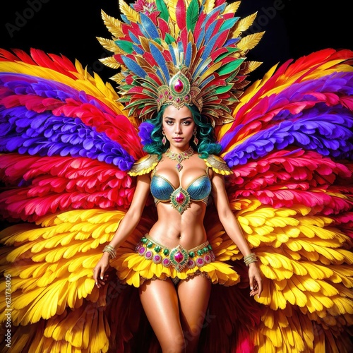 Woman in Colorful Feathered Costume created with Generative AI.