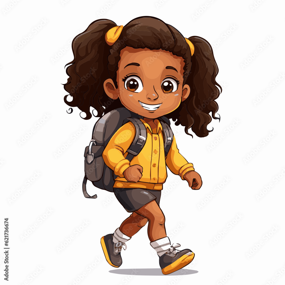 simple cartoon clipart black african american girl student child going to school white background simple cartoon clipart black african american girl student child going to school white background