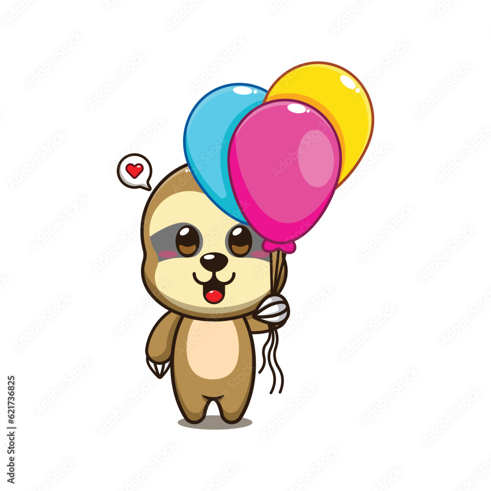 cute sloth with balloon cartoon vector illustration. Stock Vector ...