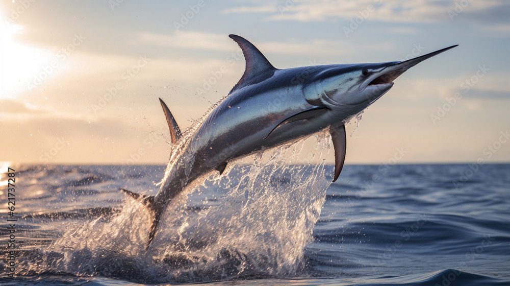 Fototapeta premium A striking photograph of a thresher shark leaping out of the water, showcasing its acrobatic skills and unique tail Generative AI