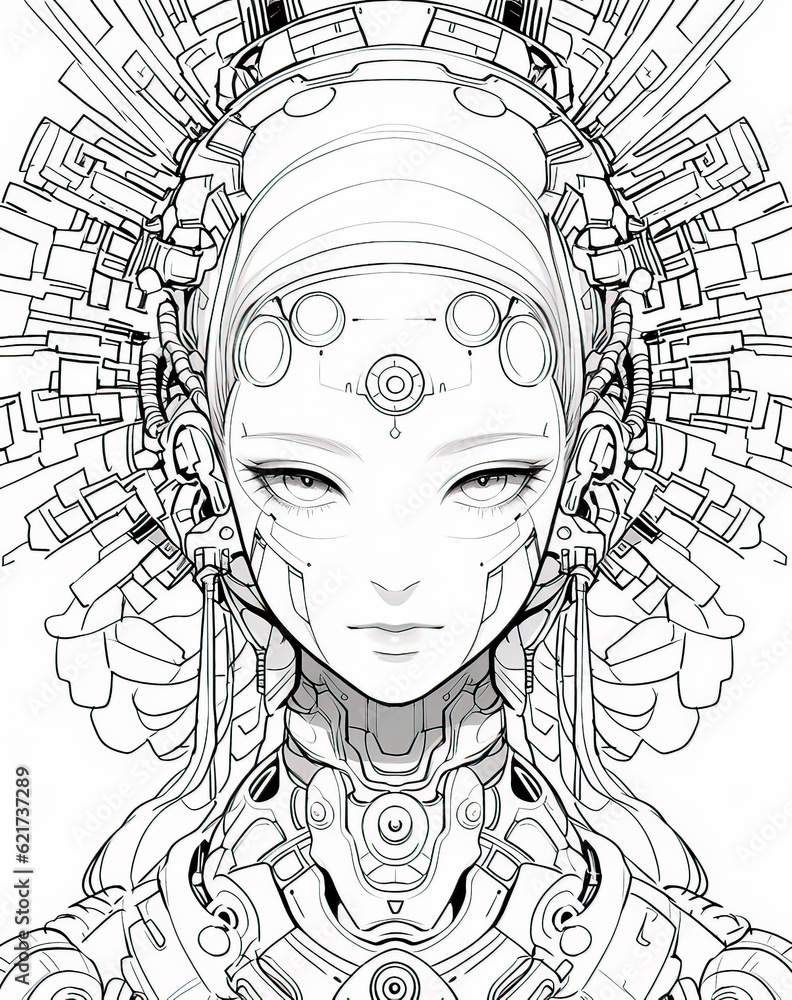 Beautiful young woman artwork for adult coloring book page with mandala elements and steampunk art style - Generative AI