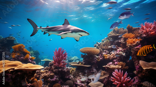 A breathtaking image of a hammerhead shark patrolling a vibrant coral reef, surrounded by a diverse ecosystem Generative AI © Наталья Евтехова