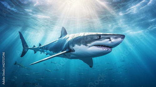 A mesmerizing shot of a mako shark  known for its incredible speed  gliding effortlessly through a sunlit underwater scene Generative AI