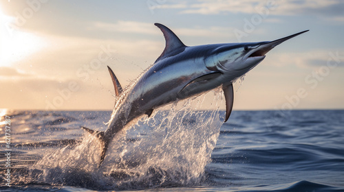 A striking photograph of a thresher shark leaping out of the water, showcasing its acrobatic skills and unique tail Generative AI