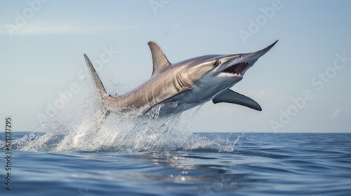 A striking photograph of a thresher shark leaping out of the water  showcasing its acrobatic skills and unique tail Generative AI