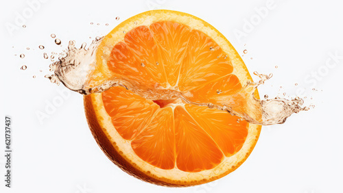 flying slices of orange fruit with water splash on white background. Generative Ai