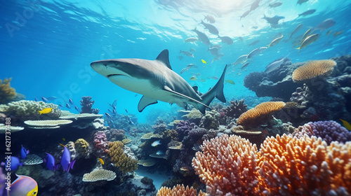 A serene scene of a shark gracefully gliding through a coral reef, highlighting the delicate balance of marine life Generative AI © Наталья Евтехова