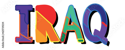 IRAQ. Bright cartoon color doodle isolated typographic inscription, Illustrated text. Country name IRAQ for print, travel resources, social network, adv banner, t-shirt design.