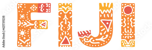 FIJI. Isolated text, national ethnic ornament, Patterned. Country name FIJI for social network, web resources, mobile app, travel, t-shirt, banner, adv.