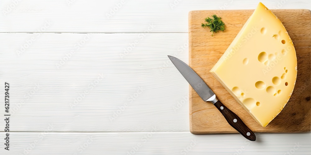 Top view sliced cheese and knife on white wooden board
