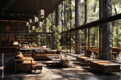 Interior Design of a Cafe Concrete and Glass Facade  Generative AI