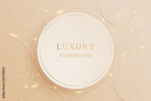 Luxury circle frame in soft beige color with golden on soft beige gold background in paper art style, template for banner, flyer, presentation, etc.