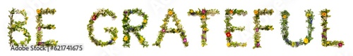 Foto Colorful Blooming Flower Letters Building Word Be Grateful