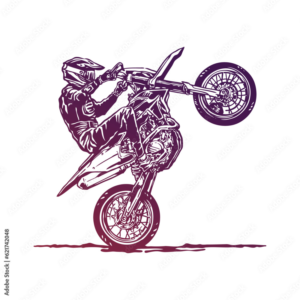 Extreme supermoto biker wheelie freestyle cartoon illustration - obrazy, fototapety, plakaty 