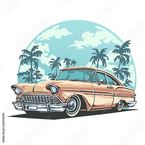 Vintage classic retro car on the beach with a clear sky illustration