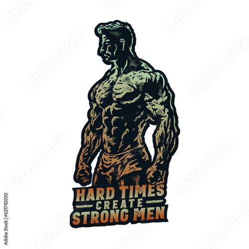 Colorful body builder muscle man grunge style isolated illustration
