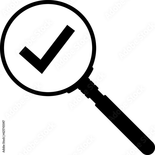 Magnifier enlarging the correct or check mark icon. Business industrial quality control and voting concept vector icon