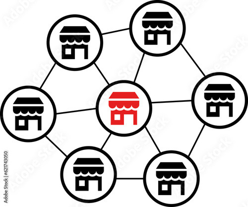 Distribution franchise branch store icon. Market growth expansion financial loan marketing vector icon