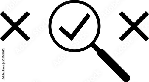 Magnifier enlarging the correct or check mark icon. Business industrial quality control and voting concept vector icon