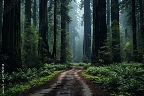 Majestic Ancient Redwood Forest, Generative AI