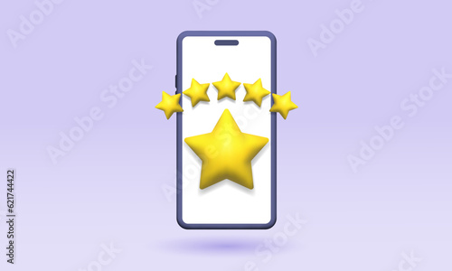 3d design evaluation of a mobile application. Service rating, five stars, customer feedback. 3d yellow stars and smarfton on a purple background.
