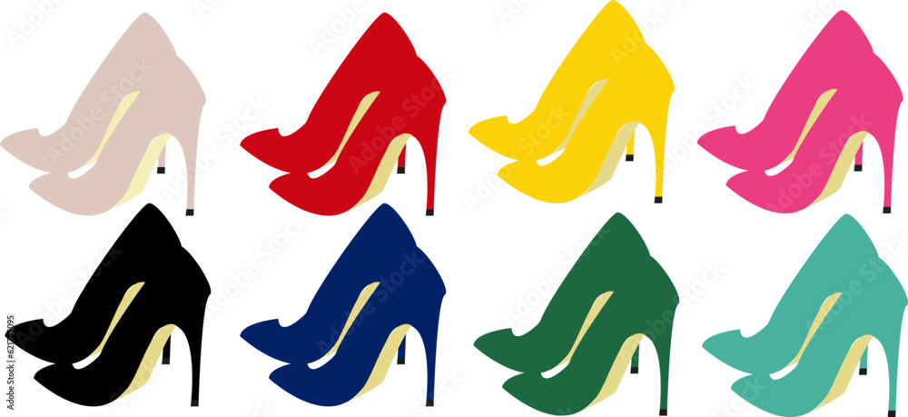 Vector beautiful female heels shoes collection. Sexy shoes. Classic high-heeled shoes set. Different colors woman shoes set. Vector beautiful female heels shoes collection. Sexy shoes. Classic high-heeled shoes set. Different colors woman shoes set.