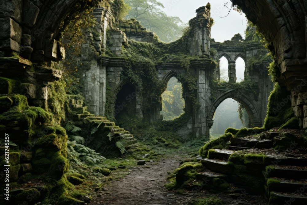 Fototapeta premium Moss Covered Ancient Ruin, Generative AI
