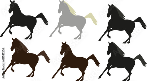 Vector galloping horse. Arabic black stallion set. Brown color horse, white horse. Horse silhouettes isolated. Horse raicing. Vector illustration.