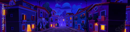 Night Italy old town street cartoon vector illustration. Italian vintage house architecture with light in windows and condominium apartment facade cityscape. Mediterranean suburban europe district