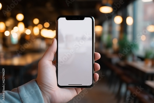 smartphone mockup with blank screen against blurred coffee shop background