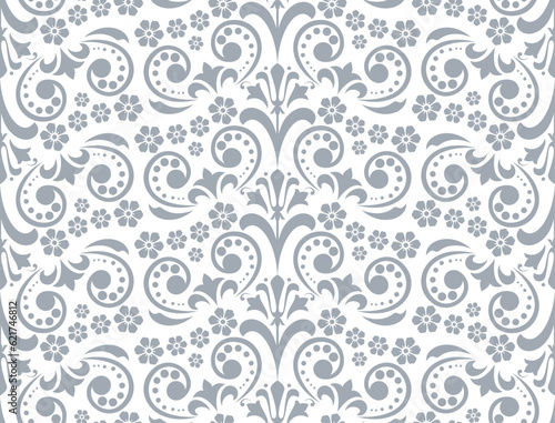 Wallpaper in the style of Baroque. Seamless vector background. White and gray floral ornament. Graphic pattern for fabric, wallpaper, packaging. Ornate Damask flower ornament.