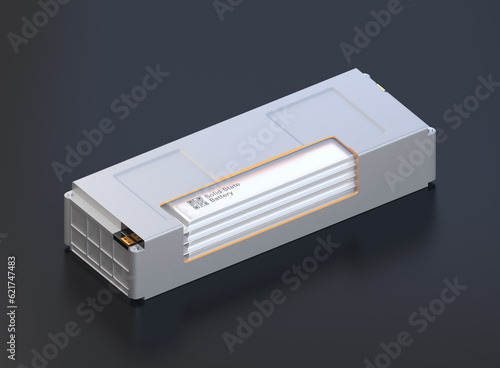 Cutaway view of a Solid-State Battery module on black background. Next Generation Electric Vehicle Battery concept. Generic design. Isometric view. 3D rendering illustration.