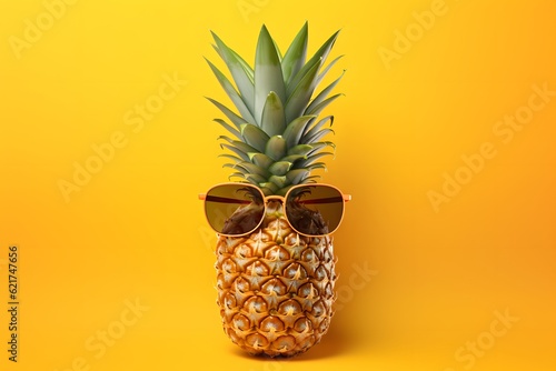 pineapple with sunglasses on top, on yellow background, summer fruit, pineapples photo