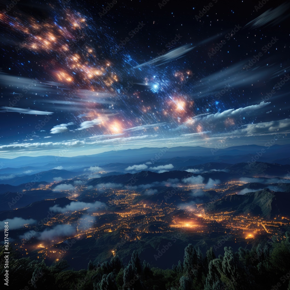 Breathtaking scene of a meteor shower illuminating the night sky Breathtaking scene of a meteor shower illuminating the night sky