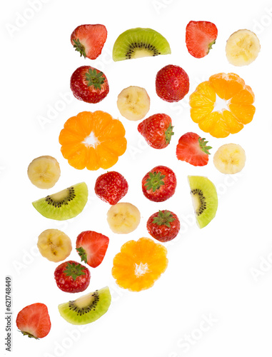 Fototapeta Naklejka Na Ścianę i Meble -  Collection of fruit orange, banana, kiwi, strawberry scattered in slices isolated on white background