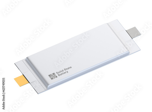 Single Solid-State Battery cell unit with sample QR code on white background. Next Generation Electric Vehicle Battery concept. Generic design. 3D rendering illustration.