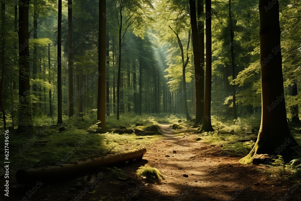 Sunlit Canopies In A Dense Forest, Generative AI
