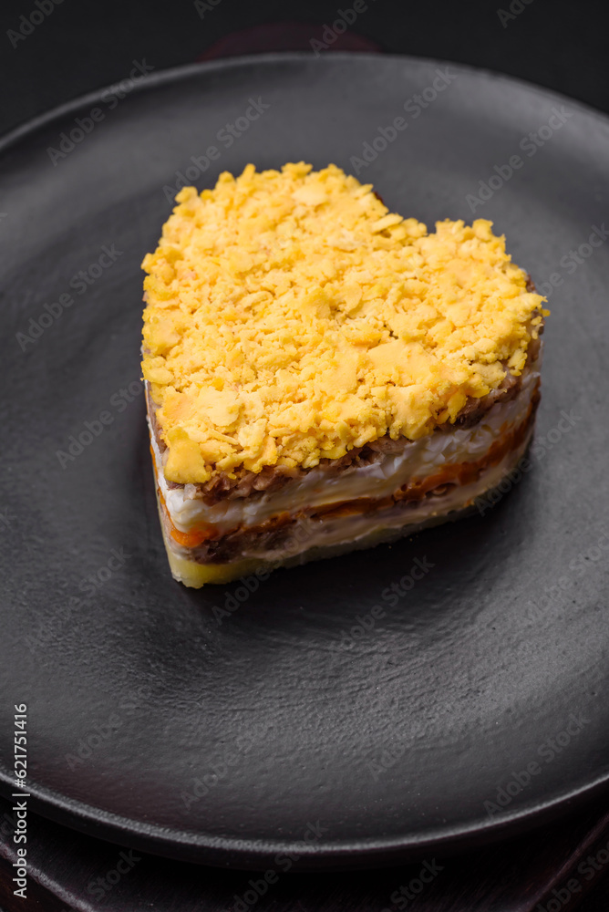 Delicious fresh mimosa salad with canned fish, egg, moinese, cheese, salt and spices Delicious fresh mimosa salad with canned fish, egg, moinese, cheese, salt and spices