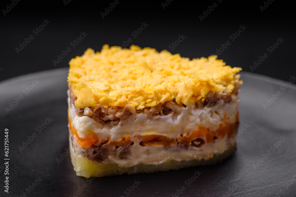 Delicious fresh mimosa salad with canned fish, egg, moinese, cheese, salt and spices Delicious fresh mimosa salad with canned fish, egg, moinese, cheese, salt and spices