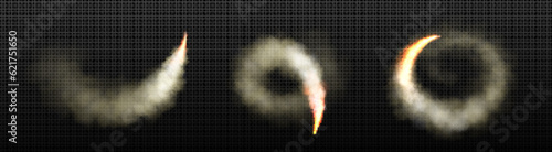 Space rocket launch smoke trail with fire vector. Isolated plane or jet spaceship takeoff explosion contrail 3d air spray with flame. Realistic engine start swirl track. Round airplane flying track