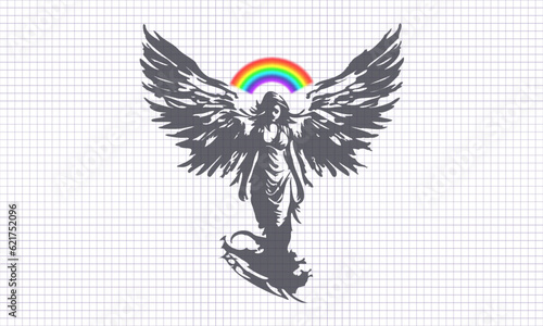 Vector translucent ink winged lady angel with rainbow halo. Church religion and culture. Divine goddess.